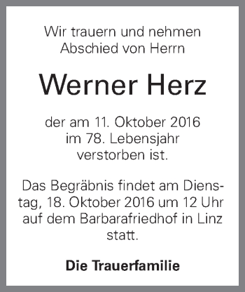 Traueranzeige von Werner Herz von OÖNachrichten