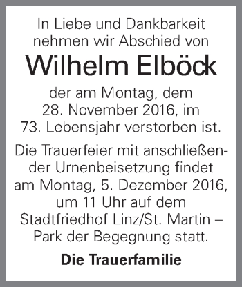 Traueranzeige von Wilhelm Elböck von OÖNachrichten