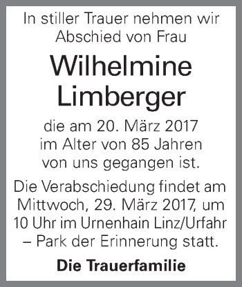 Traueranzeige von Wilhelmine Limberger von OÖNachrichten