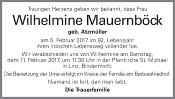 Traueranzeige von Wilhelmine Mauernböck von OÖNachrichten