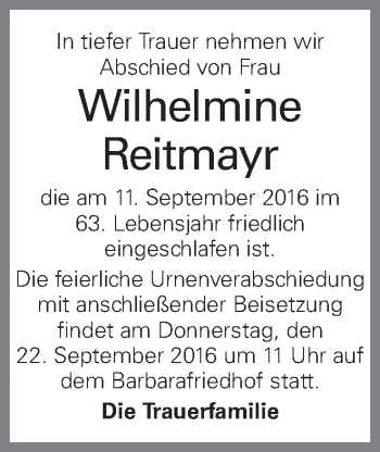 Traueranzeige von Wilhelmine Reitmayr von OÖNachrichten