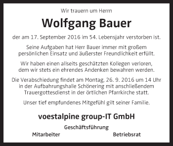 Traueranzeige von Wolfgang Bauer von OÖNachrichten