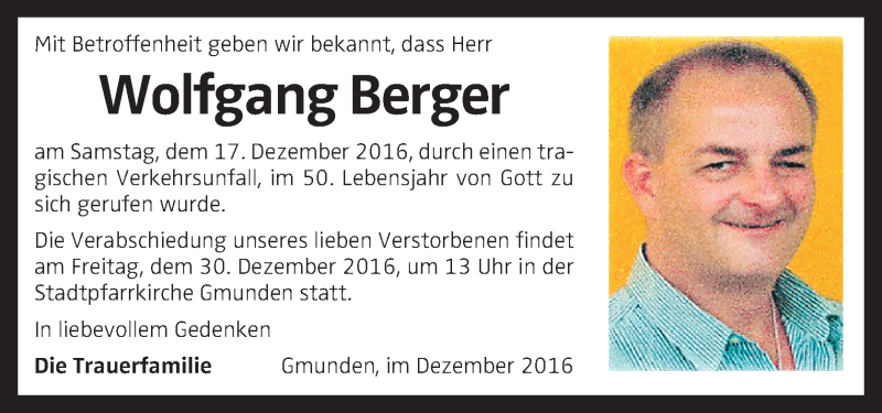  Traueranzeige für Wolfgang Berger vom 23.12.2016 aus OÖNachrichten