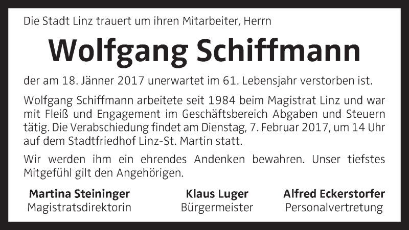  Traueranzeige für Wolfgang Schiffmann vom 26.01.2017 aus OÖNachrichten