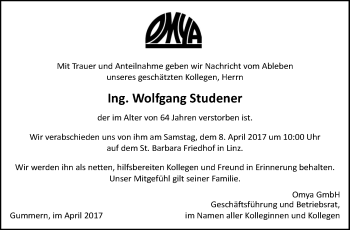 Traueranzeige von Wolfgang Studener von OÖNachrichten