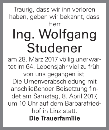 Traueranzeige von Wolfgang Studener von OÖNachrichten