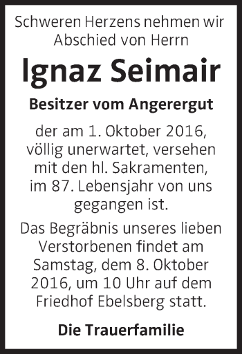 Traueranzeige von lgnaz Seimair von OÖNachrichten