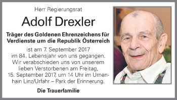 Traueranzeige von Adolf Drexler von OÖNachrichten