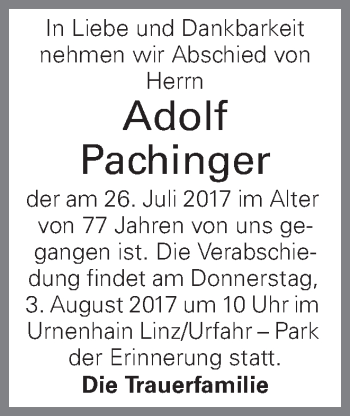 Traueranzeige von Adolf Pachinger von OÖNachrichten