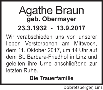 Traueranzeige von Agathe Braun von OÖNachrichten