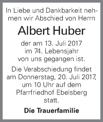 Traueranzeige von Albert Huber von OÖNachrichten