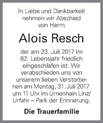 Traueranzeige von Alois Resch von OÖNachrichten