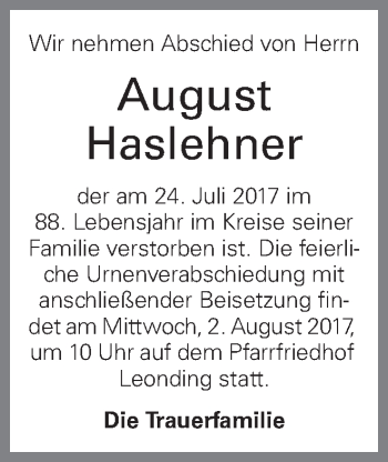 Traueranzeige von August Haslehner von OÖNachrichten