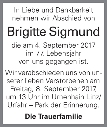 Traueranzeige von Brigitte Sigmund von OÖNachrichten