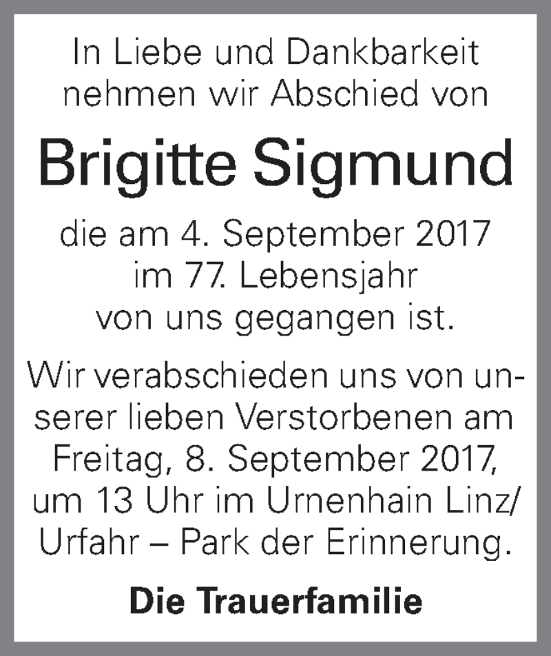  Traueranzeige für Brigitte Sigmund vom 07.09.2017 aus OÖNachrichten