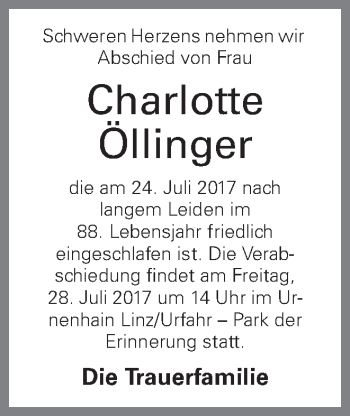 Traueranzeige von Charlotte Öllinger von OÖNachrichten