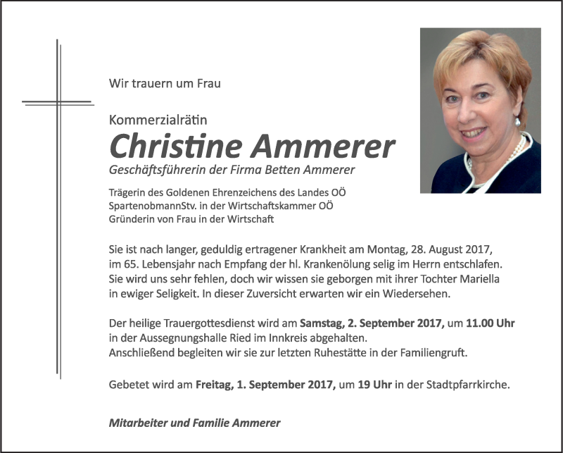  Traueranzeige für Christine Ammerer vom 31.08.2017 aus OÖNachrichten