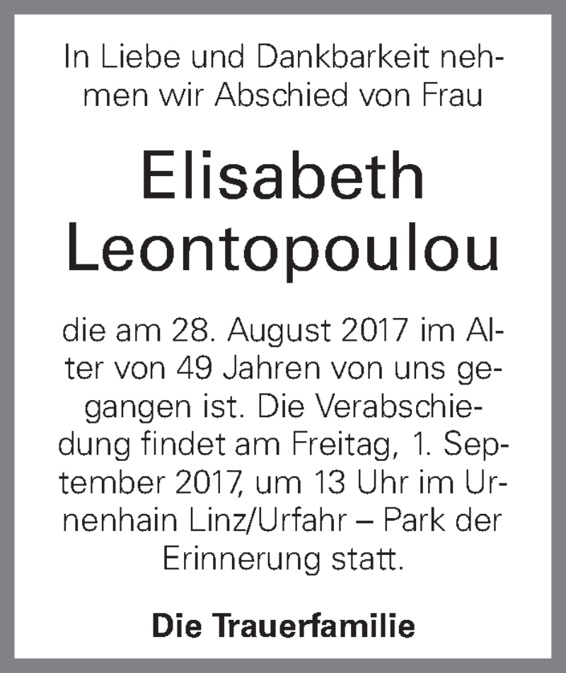  Traueranzeige für Elisabeth Leontopoulou vom 30.08.2017 aus OÖNachrichten