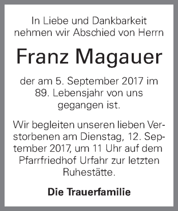 Traueranzeige von Franz Magauer von OÖNachrichten