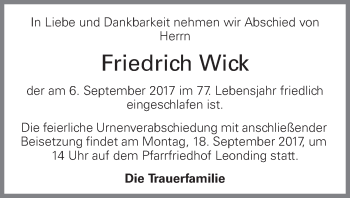 Traueranzeige von Friedrich Wick von OÖNachrichten