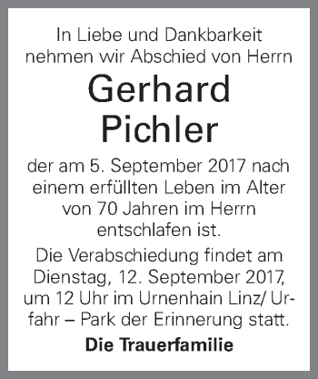 Traueranzeige von Gerhard Pichler von OÖNachrichten
