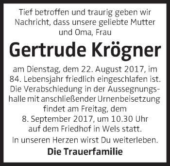 Traueranzeige von Gertrude Krögner von OÖNachrichten