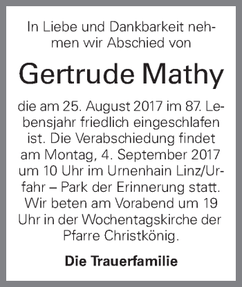 Traueranzeige von Gertrude Mathy von OÖNachrichten
