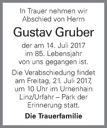 Traueranzeige von Gustav Gruber von OÖNachrichten