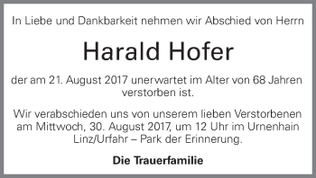 Traueranzeige von Harald Hofer von OÖNachrichten