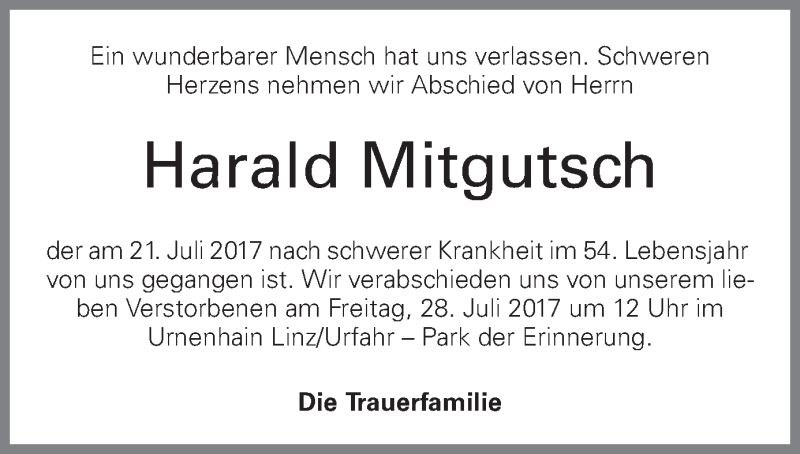  Traueranzeige für Harald Mitgutsch vom 26.07.2017 aus OÖNachrichten