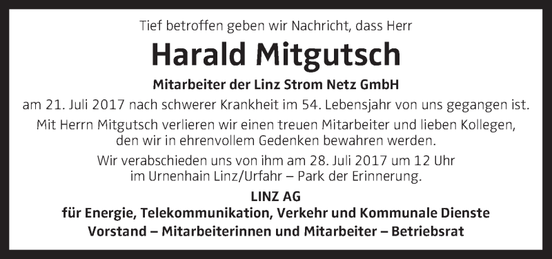  Traueranzeige für Harald Mitgutsch vom 27.07.2017 aus OÖNachrichten