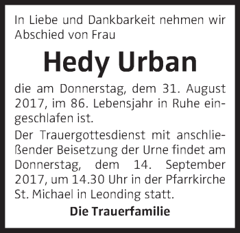 Traueranzeige von Hedy Urban von OÖNachrichten