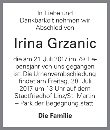Traueranzeige von Irina Grzanic von OÖNachrichten
