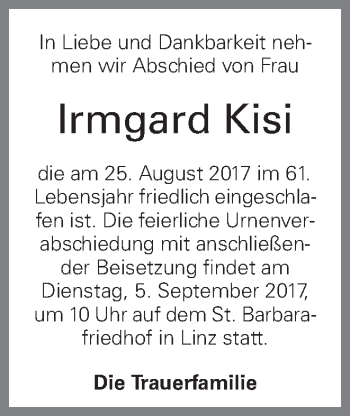 Traueranzeige von Irmgard Kisi von OÖNachrichten