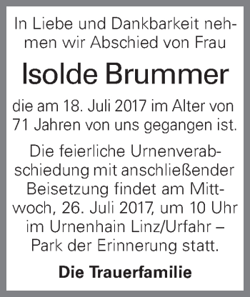 Traueranzeige von Isolde Brummer von OÖNachrichten