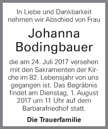 Traueranzeige von Johanna Bodingbauer von OÖNachrichten