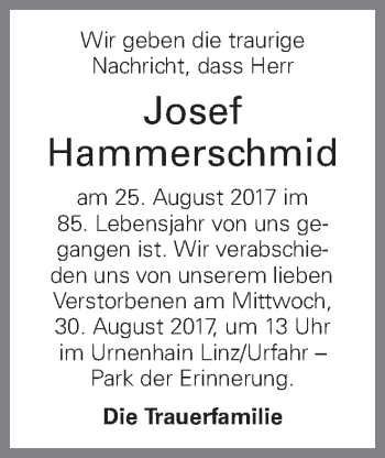 Traueranzeige von Josef Hammerschmid von OÖNachrichten