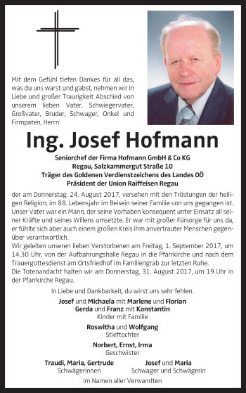 Traueranzeige von Josef Hofmann von OÖNachrichten