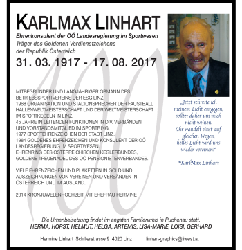 Traueranzeige von Karlmax Linhart von OÖNachrichten
