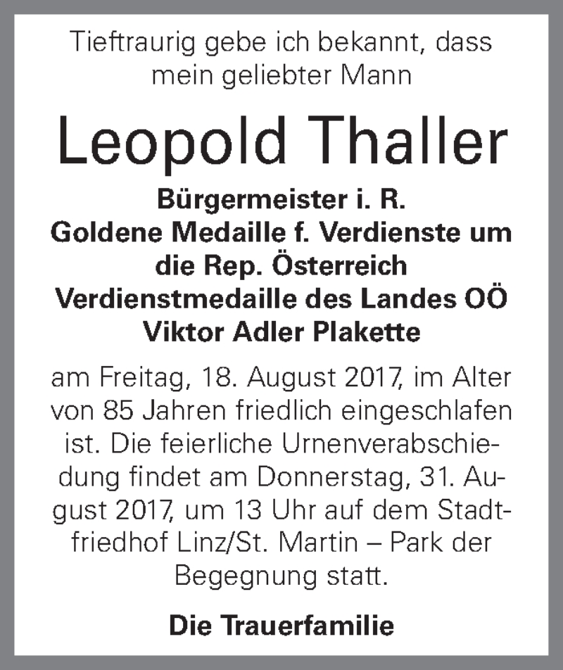  Traueranzeige für Leopold Thaller vom 26.08.2017 aus OÖNachrichten