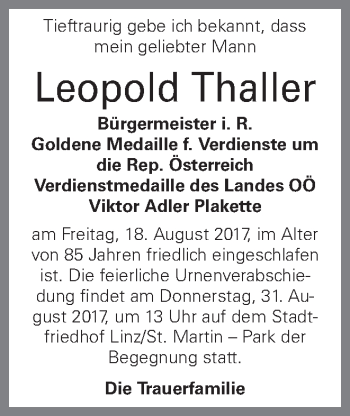 Traueranzeige von Leopold Thaller von OÖNachrichten