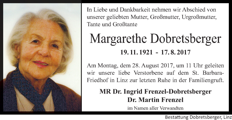  Traueranzeige für Margarethe Dobretsberger vom 24.08.2017 aus OÖNachrichten