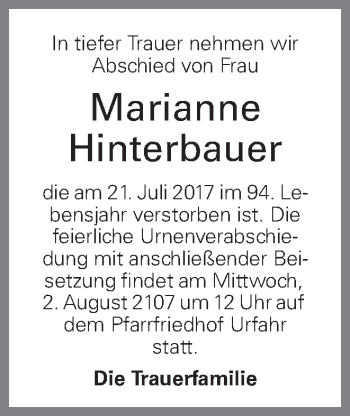 Traueranzeige von Marianne Hinterbauer von OÖNachrichten