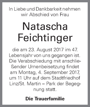 Traueranzeige von Natascha Feichtinger von OÖNachrichten