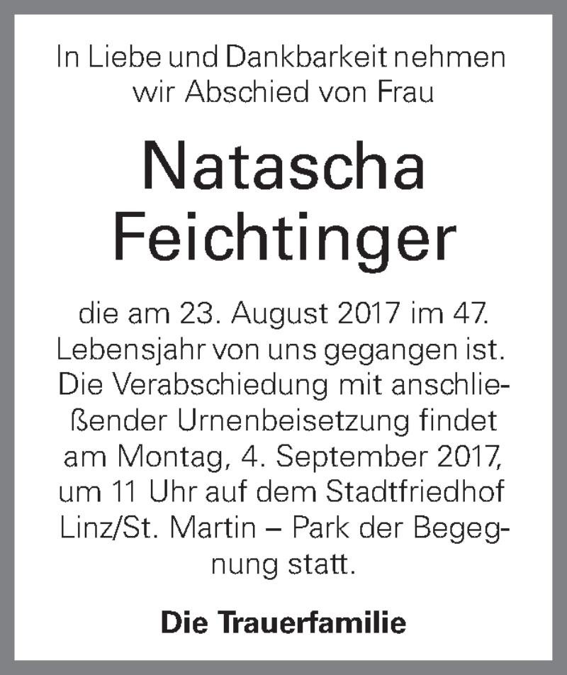  Traueranzeige für Natascha Feichtinger vom 30.08.2017 aus OÖNachrichten