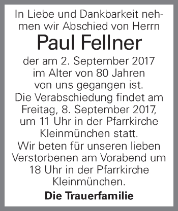 Traueranzeige von Paul Fellner von OÖNachrichten