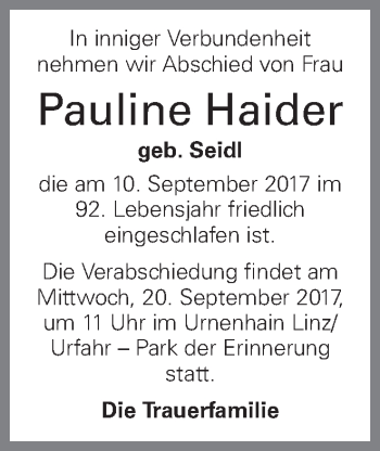 Traueranzeige von Pauline Haider von OÖNachrichten