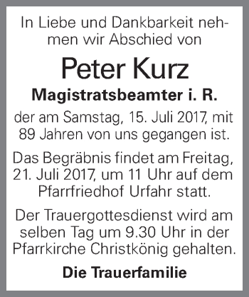 Traueranzeige von Peter Kurz von OÖNachrichten