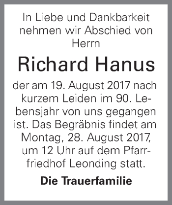 Traueranzeige von Richard Hanus von OÖNachrichten