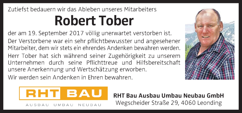 Traueranzeige für Robert Tober vom 22.09.2017 aus OÖNachrichten